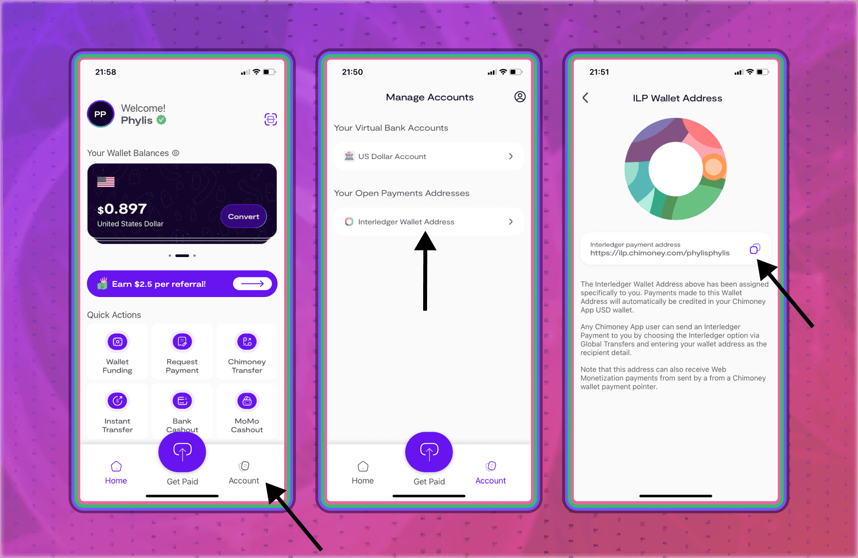Chimoney App Account tab showing the Interledger Wallet Address option