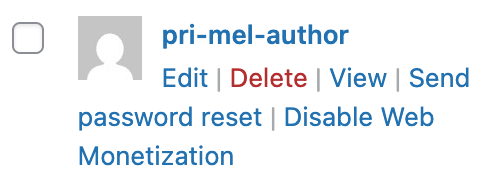 The disable web monetization link shown for a user when hovering over the username on the users page